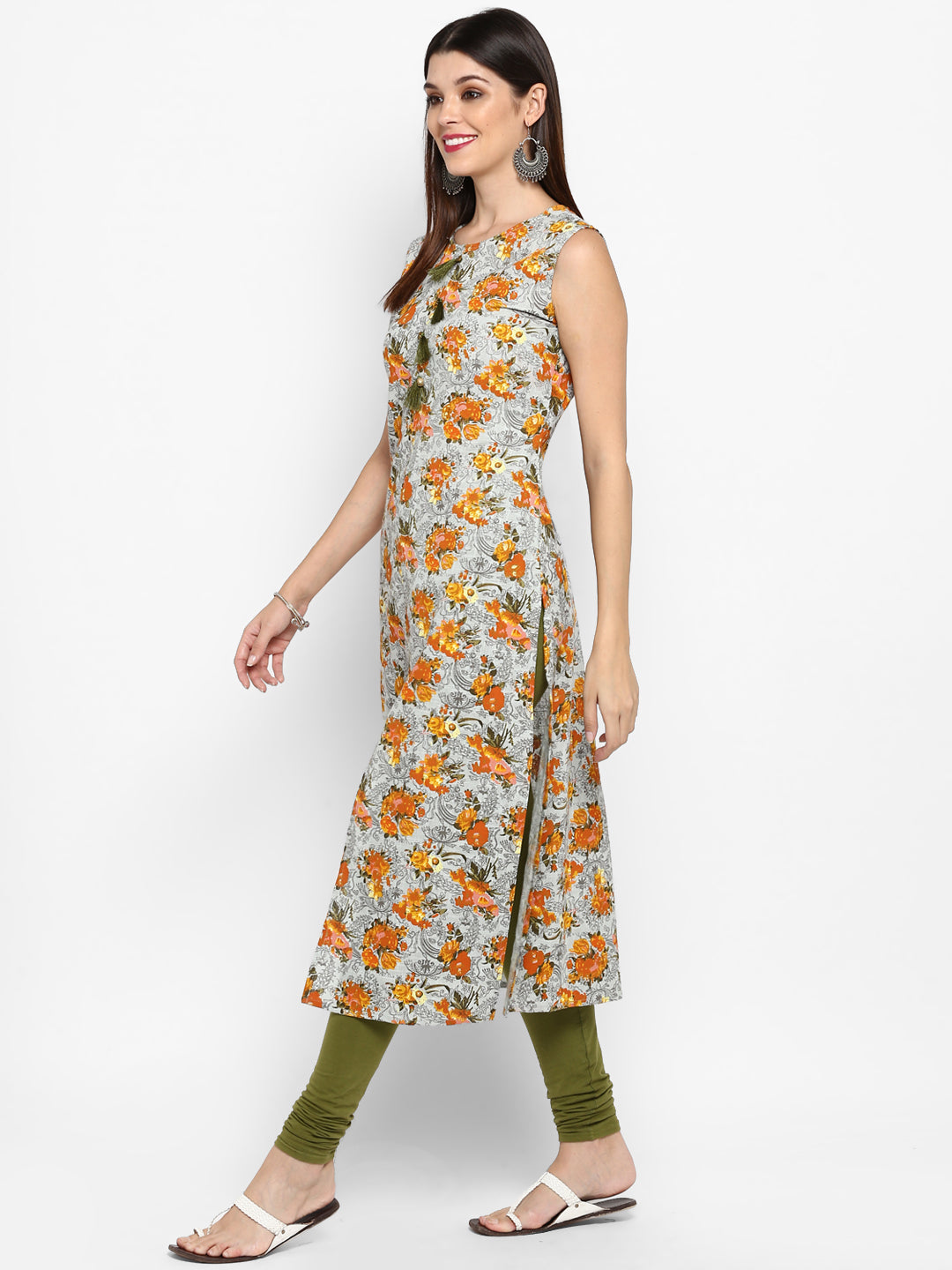 NOZ2TOZ Women's Mustard & Grey Floral Printed Kurta- (1pc set) - Swadesiicart