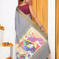 Very Much Indian Handloom Grey Cotton Paithani With Radha Krishna Pallu | Swadesiicart