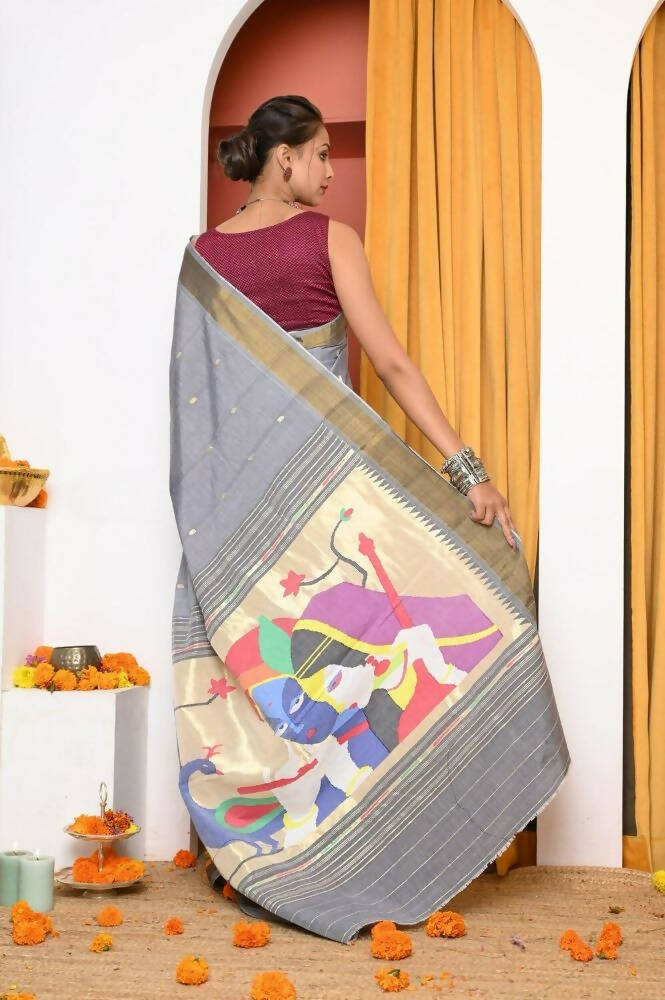 Very Much Indian Handloom Grey Cotton Paithani With Radha Krishna Pallu | Swadesiicart