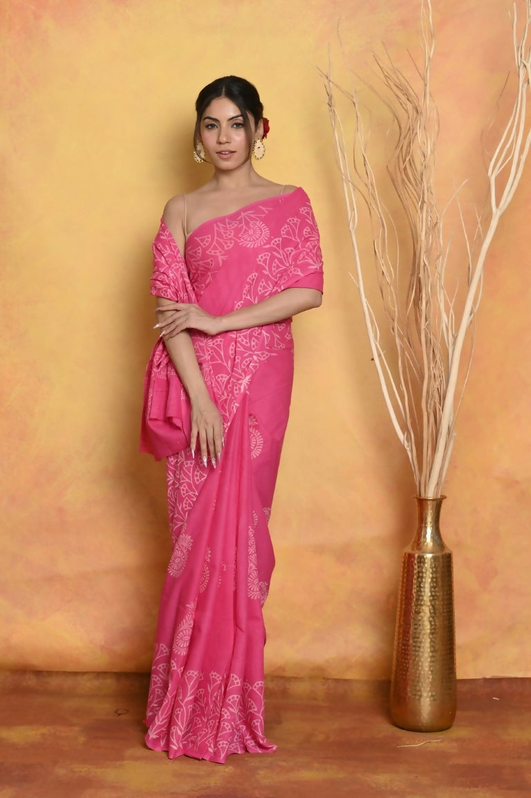 Very Much Indian Handblock Printed Cotton Saree With Natural Dyes - Pink | Swadesiicart