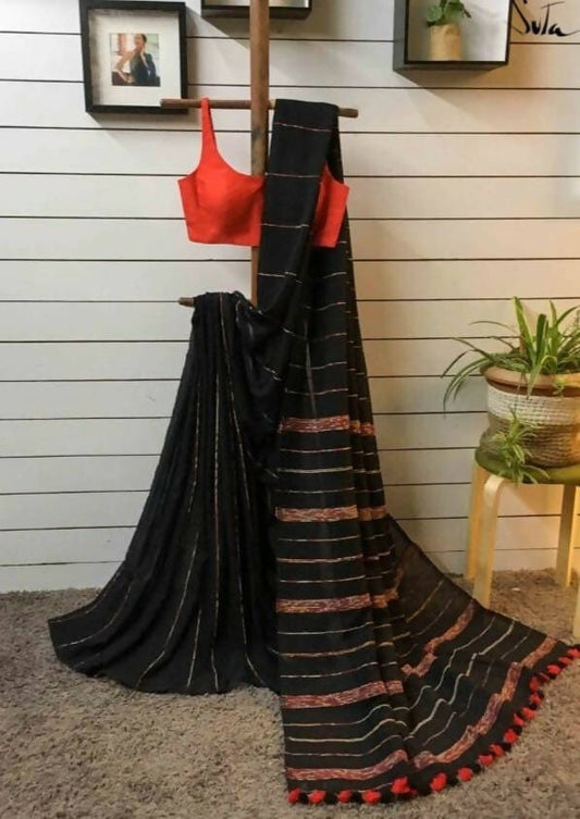 Exclusive Collection Khadi Cotton Handloom Khesh Saree With Blouse Piece - Black - Swadesiicart