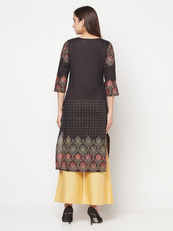Aniyah Black Color Cotton Block Print Straight Kurta - Swadesiicart