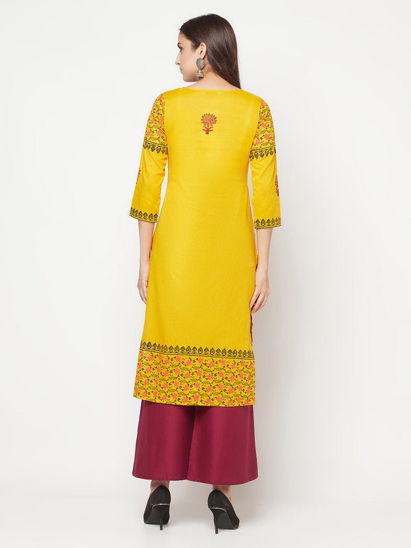 Aniyah Mustard Cotton Block Print Straight Kurta - Swadesiicart