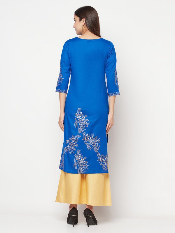 Aniyah Cotton Foil Print Royal Blue Straight Kurta - Swadesiicart