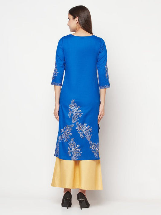 Aniyah Cotton Foil Print Royal Blue Straight Kurta - Swadesiicart