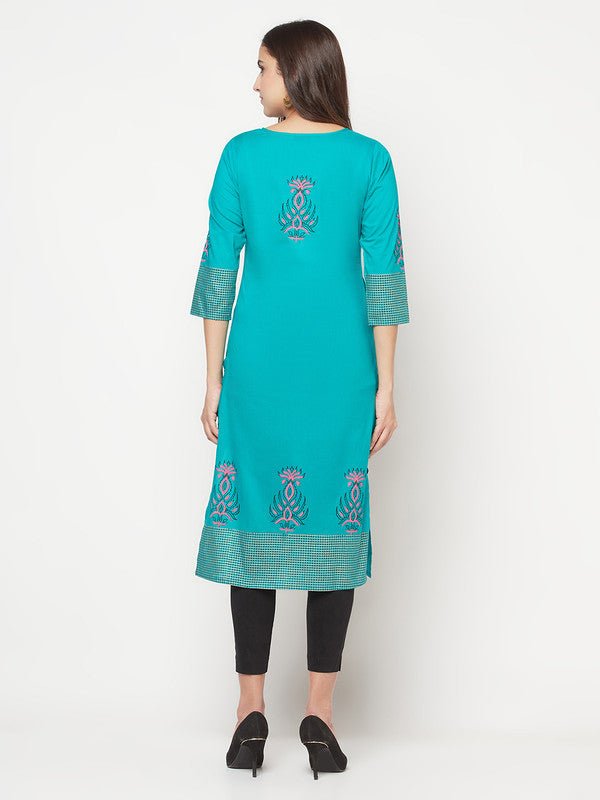Aniyah Cotton Block Print Turquoise Straight Kurta - Swadesiicart