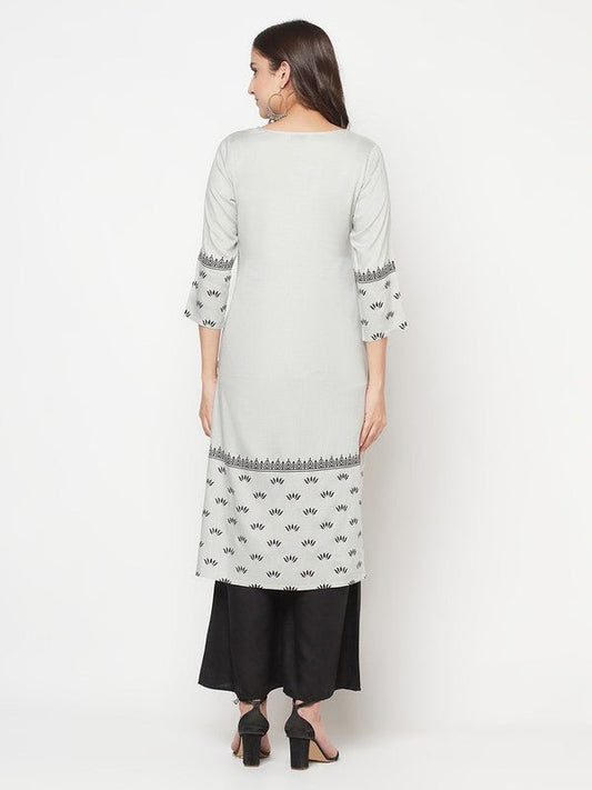 Aniyah Rayon Screen Print Light Grey Straight Kurta - Swadesiicart