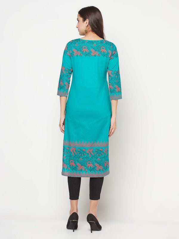 Aniyah Turquoise Cotton Block Print Straight Kurta - Swadesiicart