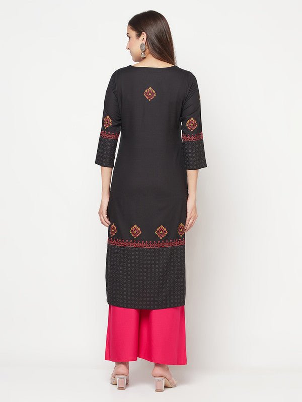 Aniyah Rayon Block Print Straight Kurta - Black - Swadesiicart
