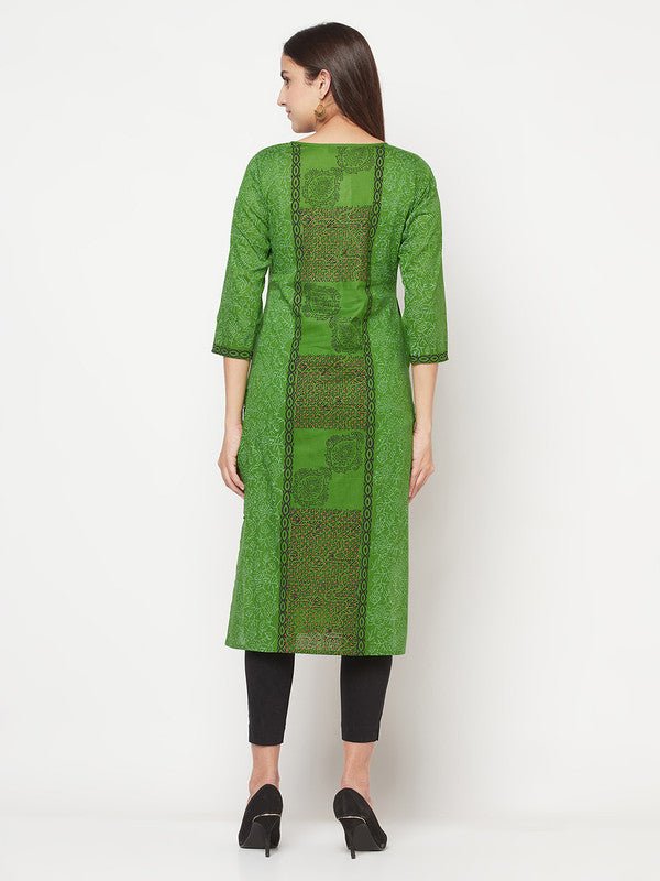 Aniyah Cotton Block Print Green Straight Kurta - Swadesiicart