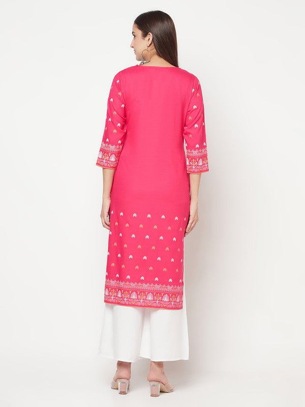 Aniyah Rayon Screen Print Fuchsia Straight Kurta - Swadesiicart