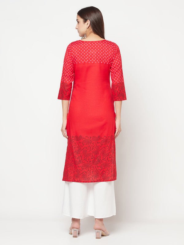 Aniyah Cotton Block Print Red Color Straight Kurta - Swadesiicart