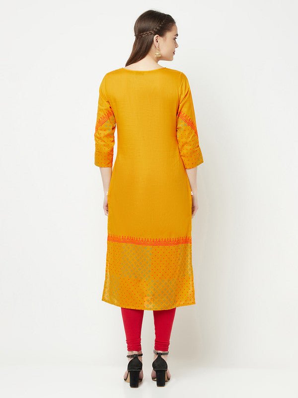 Aniyah Cotton Block Print Mustard Color Straight Kurta - Swadesiicart