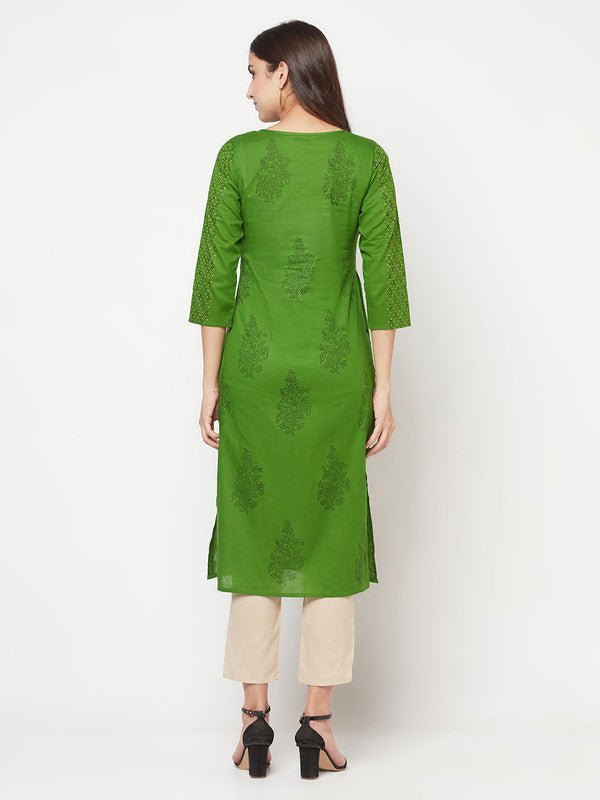 Aniyah Green Cotton Block print straight kurta - Swadesiicart