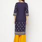 Aniyah Rayon Screen Print Navy Blue Straight Kurta - Swadesiicart