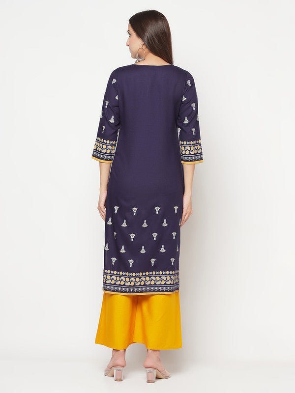 Aniyah Rayon Screen Print Navy Blue Straight Kurta - Swadesiicart