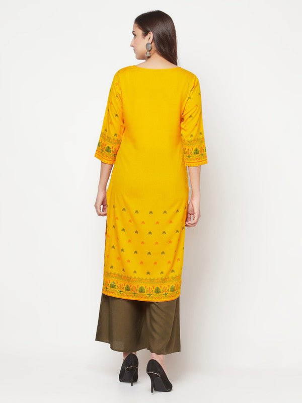Aniyah Rayon Screen Print Mustard Straight Kurta - Swadesiicart