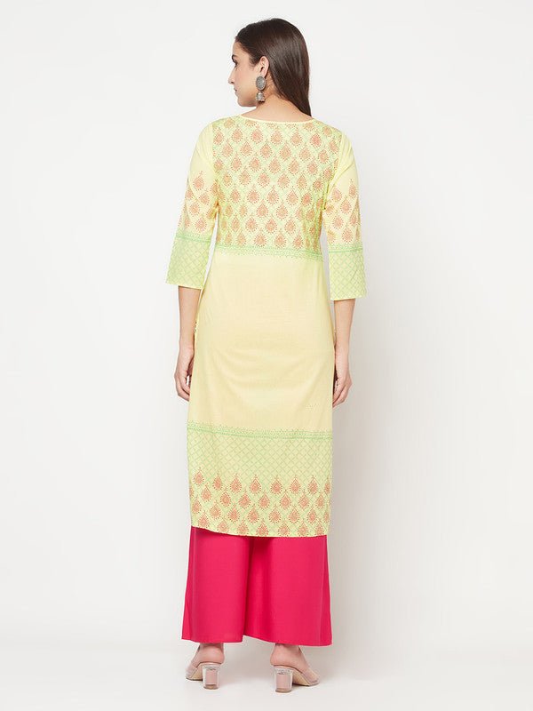 Aniyah Cotton Block Print Lemon Yellow Straight Kurta - Swadesiicart