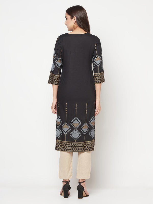 Aniyah Rayon Screen Print Black Straight Kurta - Swadesiicart