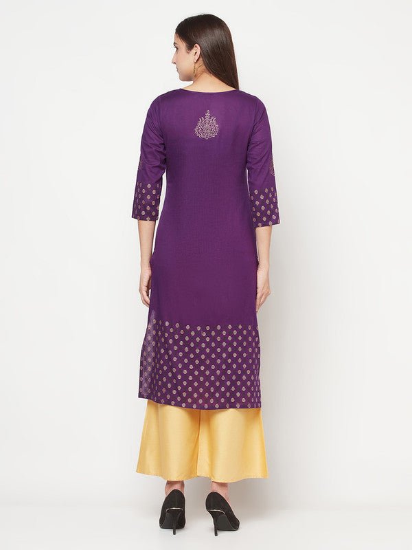 Aniyah Cotton Foil Print Purple Straight Kurta - Swadesiicart