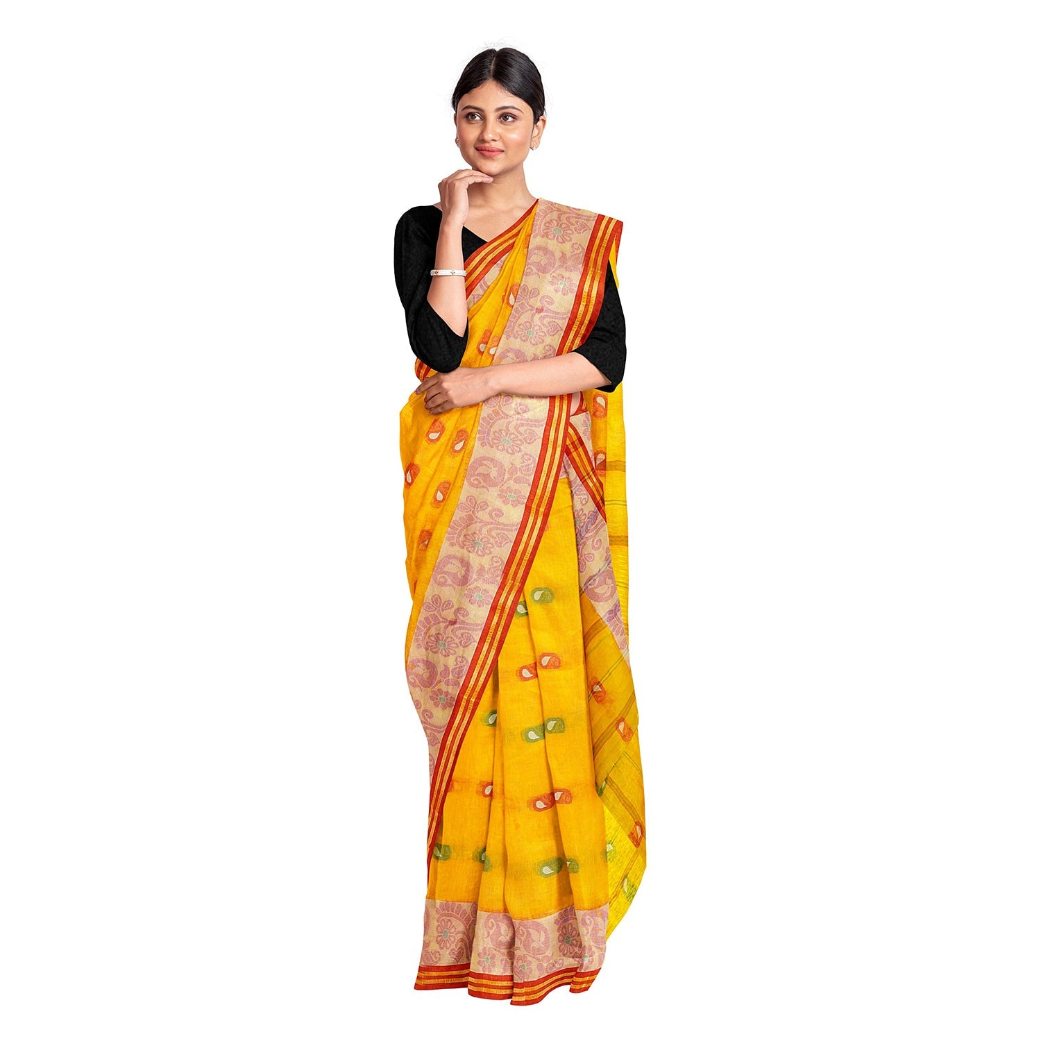 Exclusive Collection 100% Pure Cotton Yellow Tant Saree With Hand Weaving Work - Swadesiicart