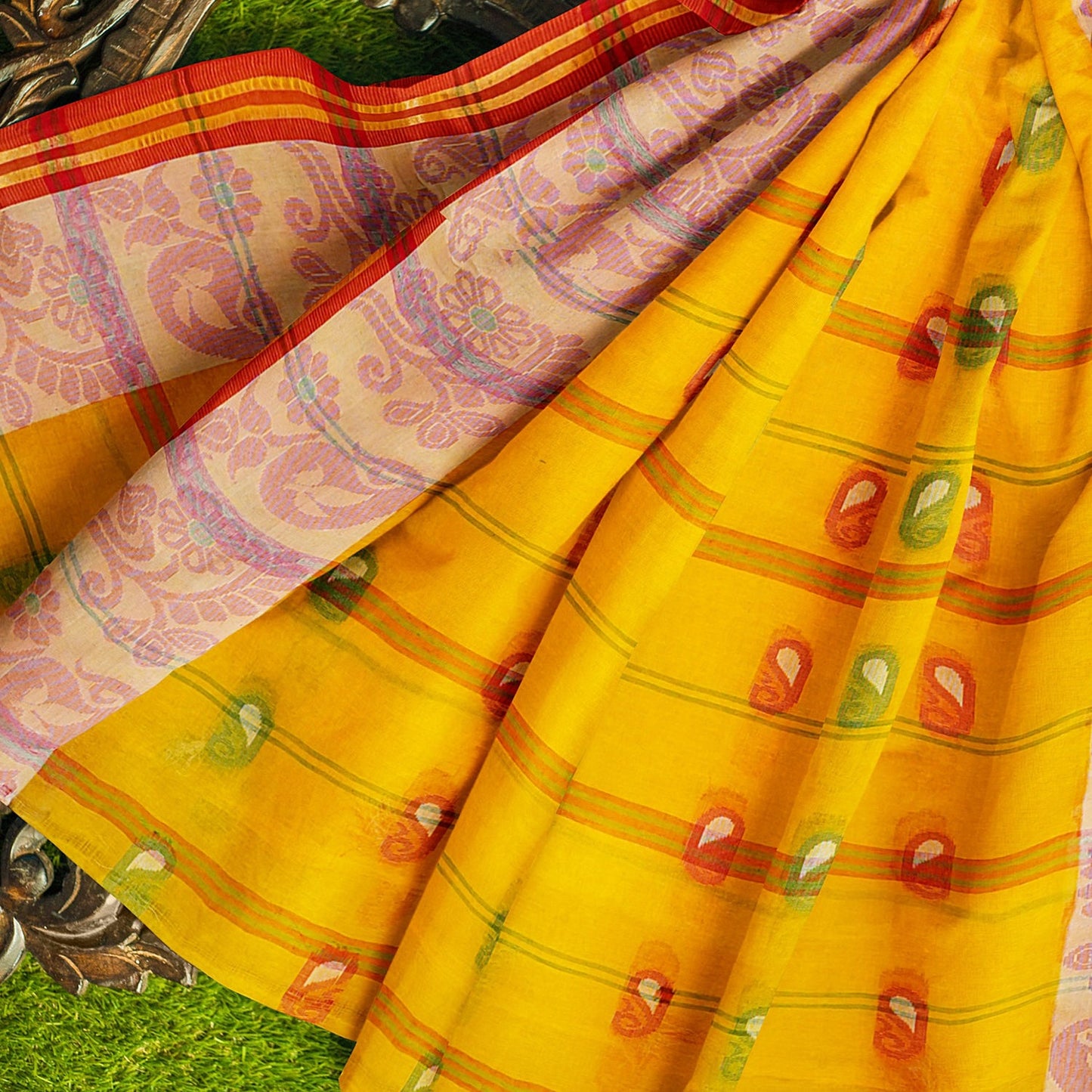 Exclusive Collection 100% Pure Cotton Yellow Tant Saree With Hand Weaving Work - Swadesiicart
