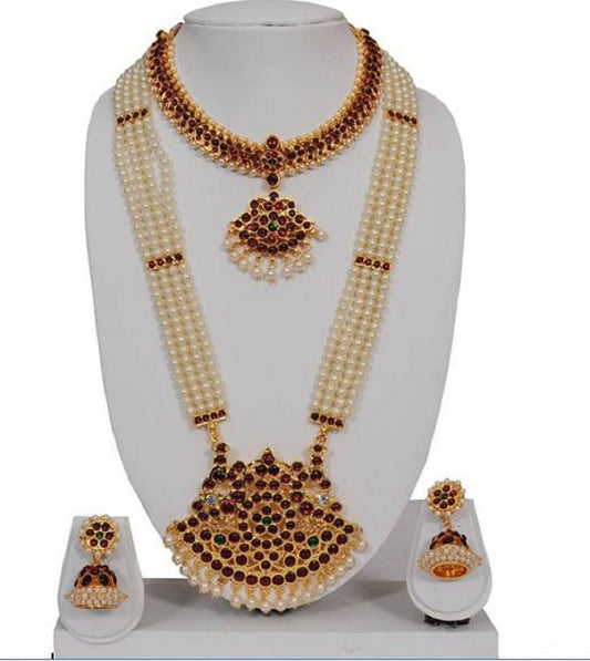 Elite Trading Minimum Bharatnatyam Dance Jewellery Set with 4 line Haarm - Swadesiicart