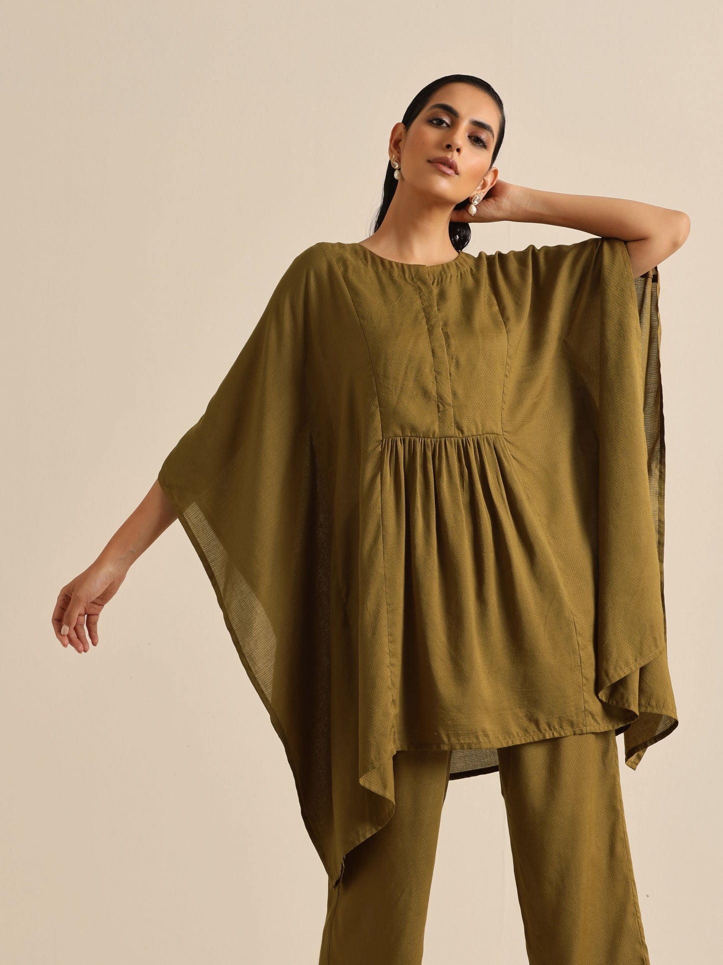 trueBrowns Olive Green Texture Doddy Kaftan Gathered Co-Ord Set - Swadesiicart