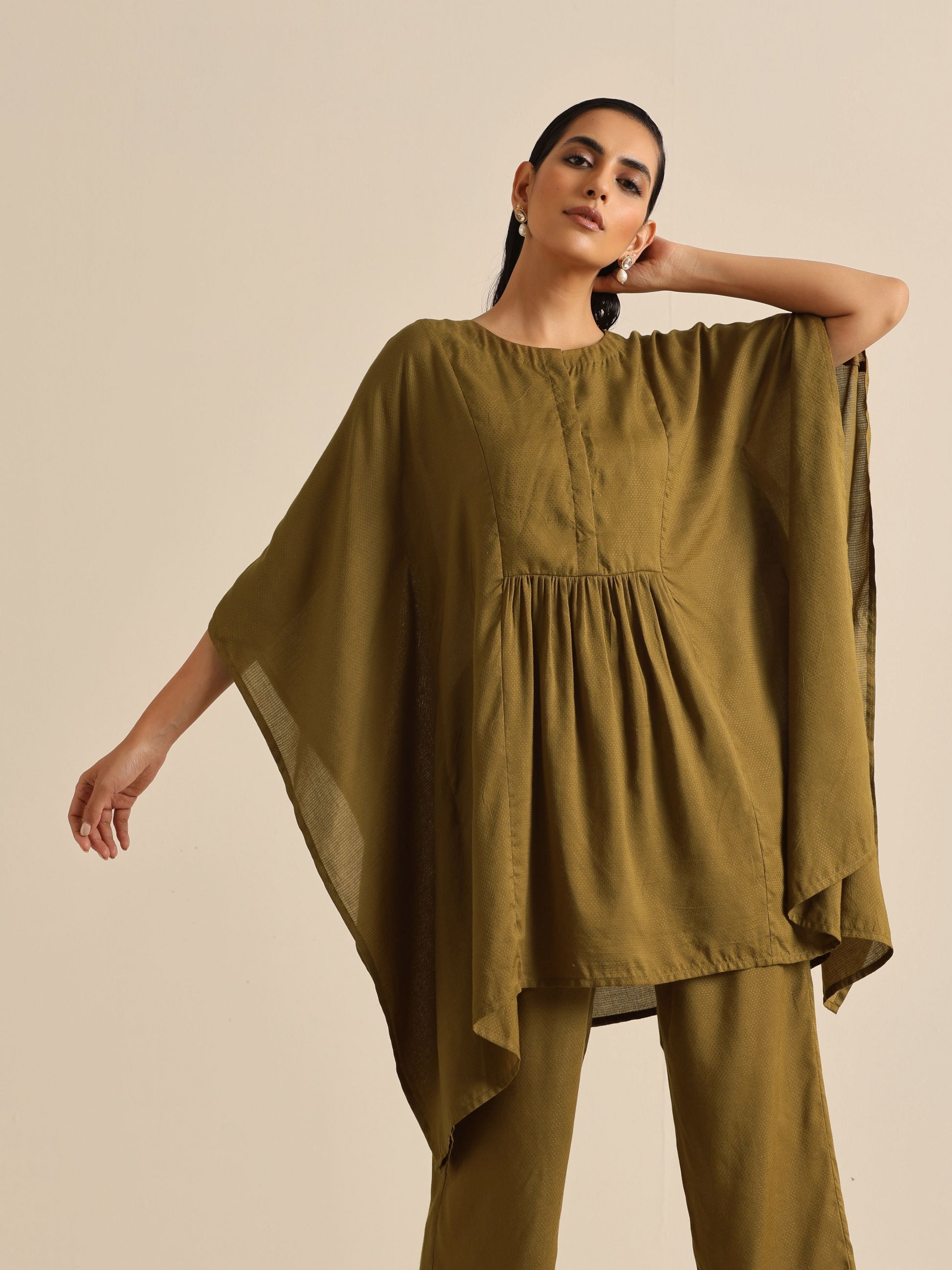trueBrowns Olive Green Texture Doddy Kaftan Gathered Co-Ord Set - Swadesiicart