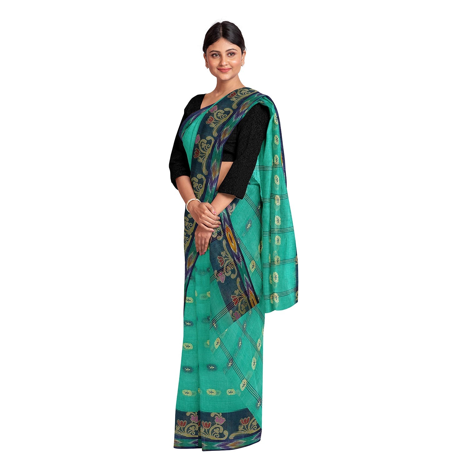 Exclusive Collection 100% Pure Cotton Green Tant Saree With Hand Weaving Work - Swadesiicart
