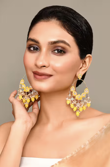 New Stylish Ethnic Partywear Yellow Hoops Kundan Earrings for Womens by House of Ree | Swadesiicart
