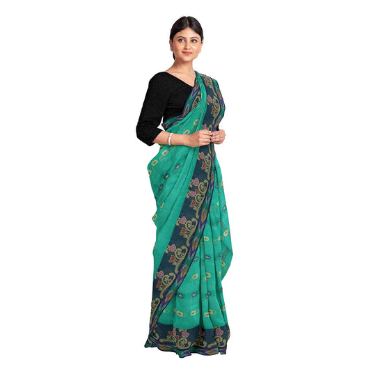 Exclusive Collection 100% Pure Cotton Green Tant Saree With Hand Weaving Work - Swadesiicart