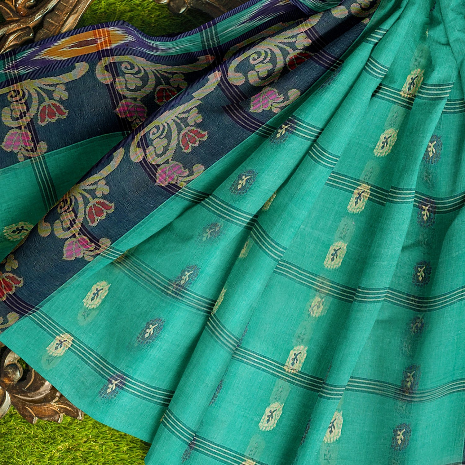 Exclusive Collection 100% Pure Cotton Green Tant Saree With Hand Weaving Work - Swadesiicart