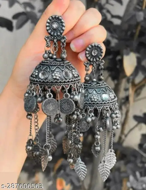 Tehzeeb Creations Women's Black Colour Oxidised Earrings In Jhumki Style | Swadesiicart