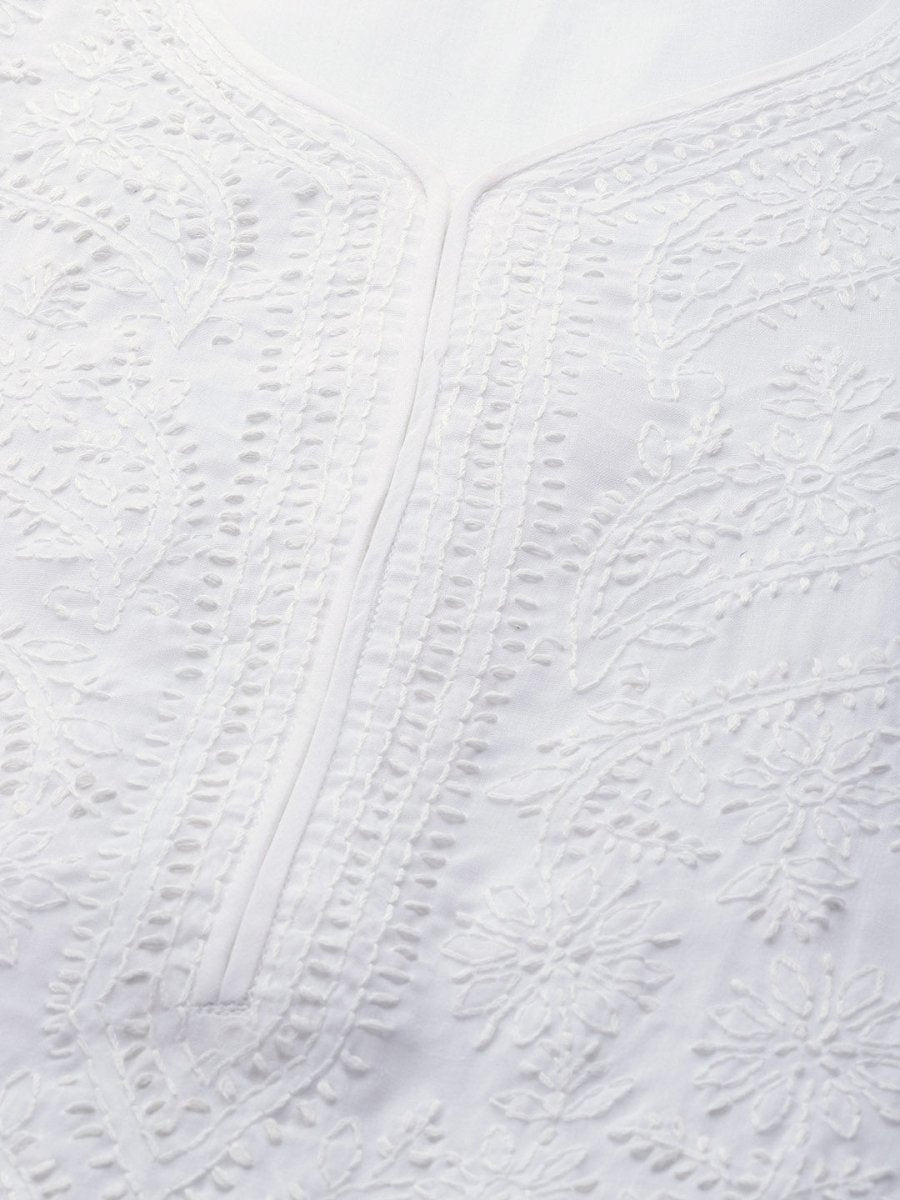 ADA Women White & Black Chikankari Embroidered Handloom Kurta with Cotton Churidar | Swadesiicart