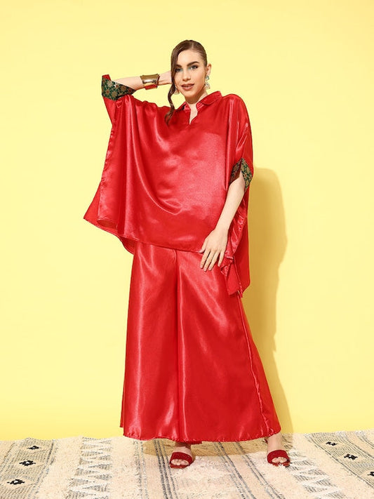 InWeave Women's Red Green Brocade Satin Boho Kurta Palazzo Set - Swadesiicart