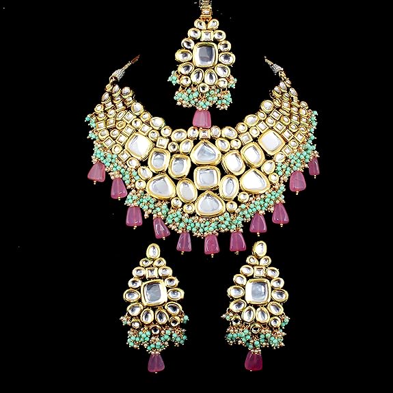 Tehzeeb Creations Back Meenakari Gold-Polished Multicolor Color Tika Earring Jewellery Set Uncut Big Faux Kundan Dibbi Kundan Choker Necklace Set | Swadesiicart