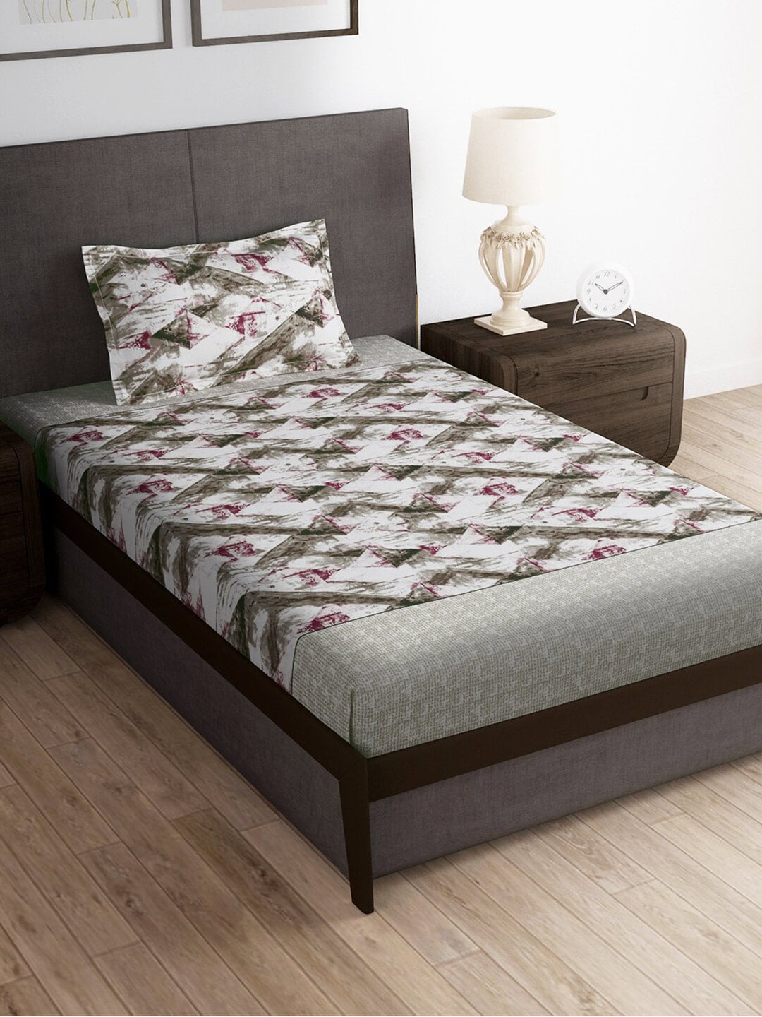 Story@home Brown & Pink Abstract Microfiber 180 TC Bedsheet With Pillow Cover - Swadesiicart