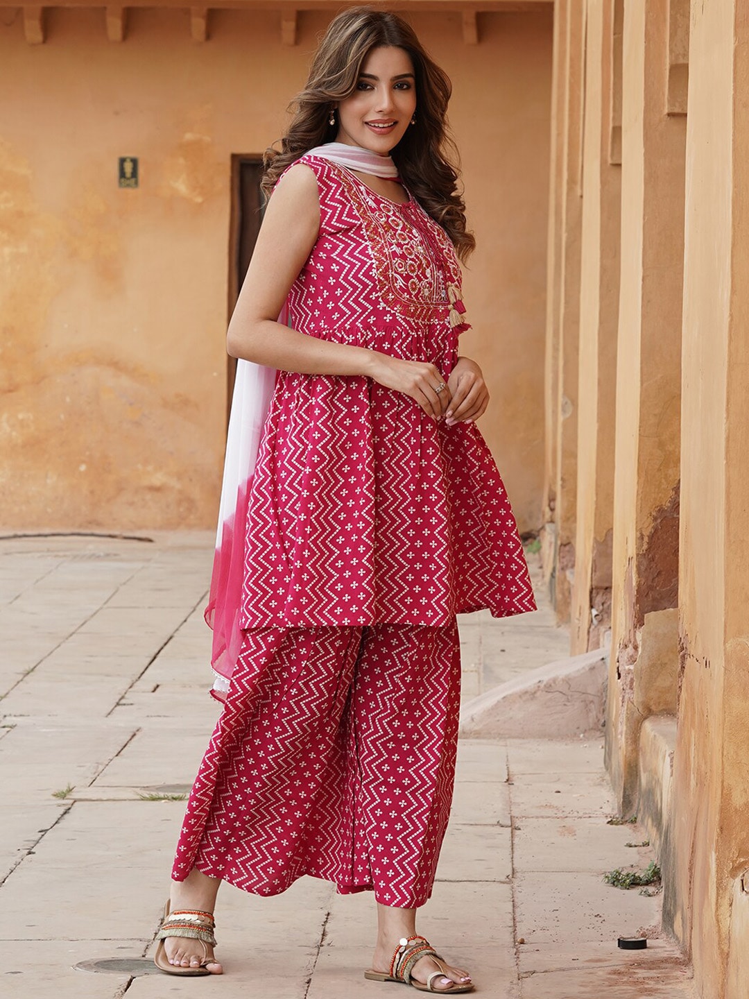 Kalini Ethnic Motifs Printed A-Line Kurta With Sharara & Dupatta | Swadesiicart