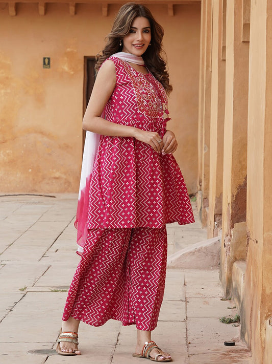 Kalini Ethnic Motifs Printed A-Line Kurta With Sharara & Dupatta | Swadesiicart