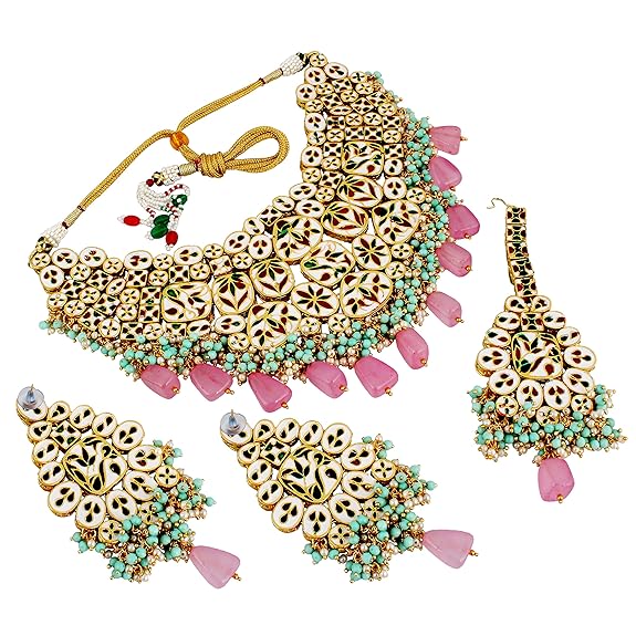 Tehzeeb Creations Back Meenakari Gold-Polished Multicolor Color Tika Earring Jewellery Set Uncut Big Faux Kundan Dibbi Kundan Choker Necklace Set | Swadesiicart