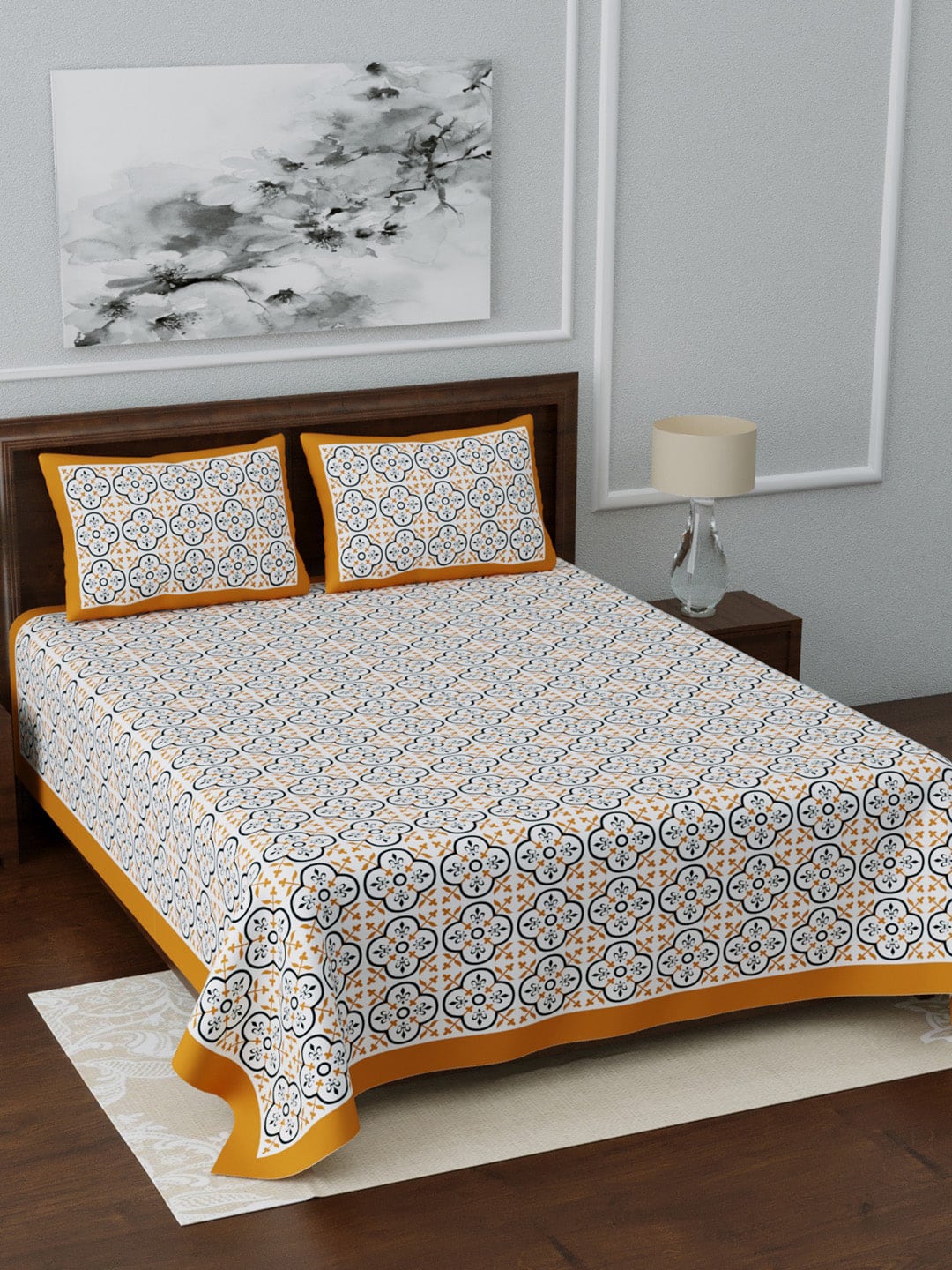 LIVING ROOTS White & Blue Ethnic Motifs Jaipuri 210 TC Cotton Double King Bedsheets With 2 Pillow Covers - Swadesiicart