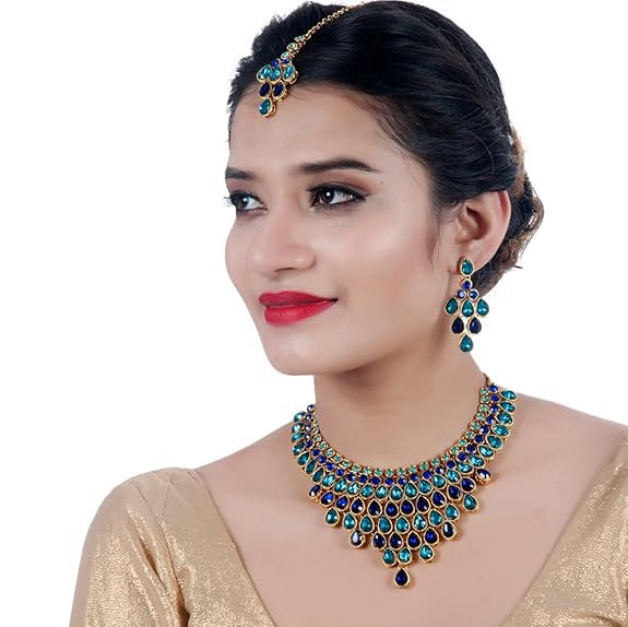 Tehzeeb CreationsDesigner Gold-Polished Elegant Stone Necklace Set For Women & Girls - Swadesiicart