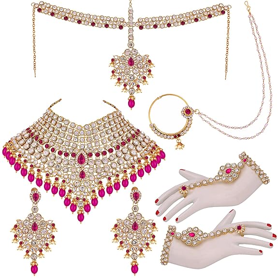 Tehzeeb Creations Designer Magenta Color Gold-Polished Dulhan Choker Bridal Set with sheeshpatti for Girls & Women | Swadesiicart