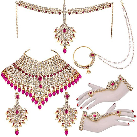 Tehzeeb Creations Designer Magenta Color Gold-Polished Dulhan Choker Bridal Set with sheeshpatti for Girls & Women | Swadesiicart