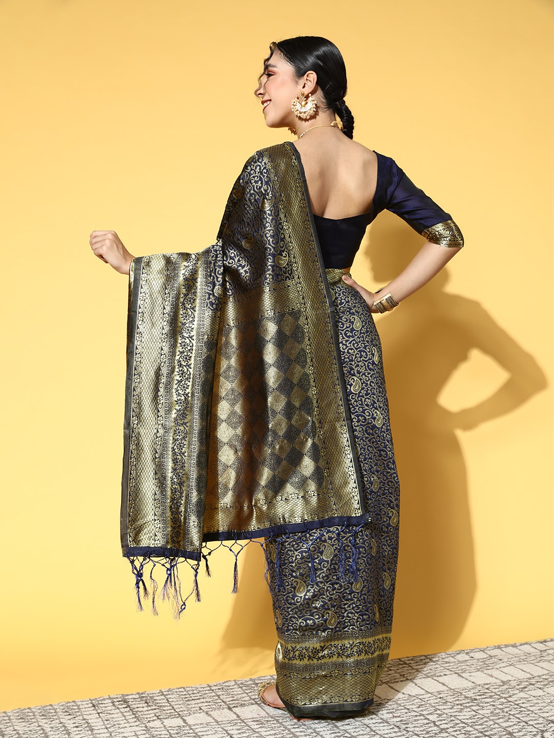 Saree Mall Navy Blue & Gold-Toned Ethnic Motifs Zari Silk Blend Banarasi Sarees | Swadesiicart