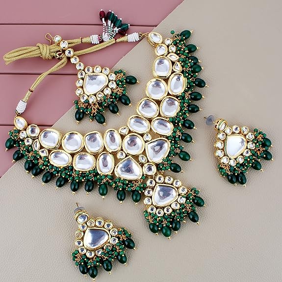Tehzeeb Creations Gold-Polished Back Meenakari Pearl Uncut, Kundan Choker Necklace Set with Earrings and Mang Tika For Women & Girls | Swadesiicart