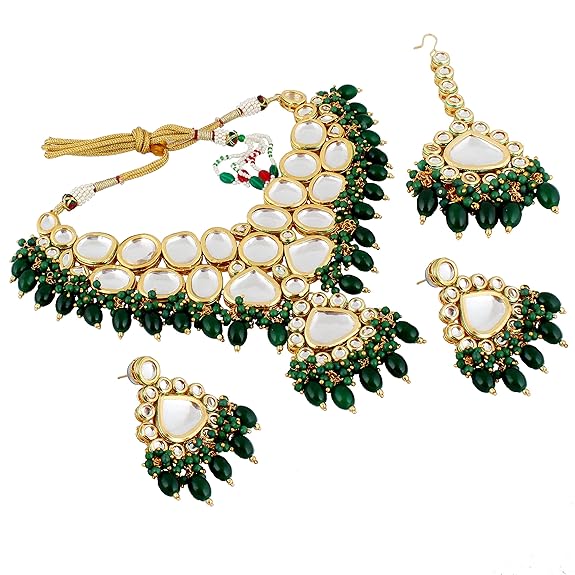 Tehzeeb Creations Gold-Polished Back Meenakari Pearl Uncut, Kundan Choker Necklace Set with Earrings and Mang Tika For Women & Girls | Swadesiicart