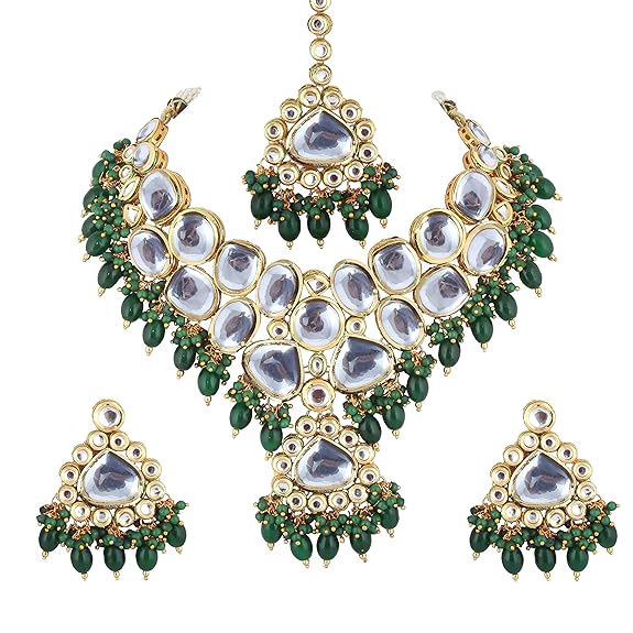 Tehzeeb Creations Gold-Polished Back Meenakari Pearl Uncut, Kundan Choker Necklace Set with Earrings and Mang Tika For Women & Girls | Swadesiicart