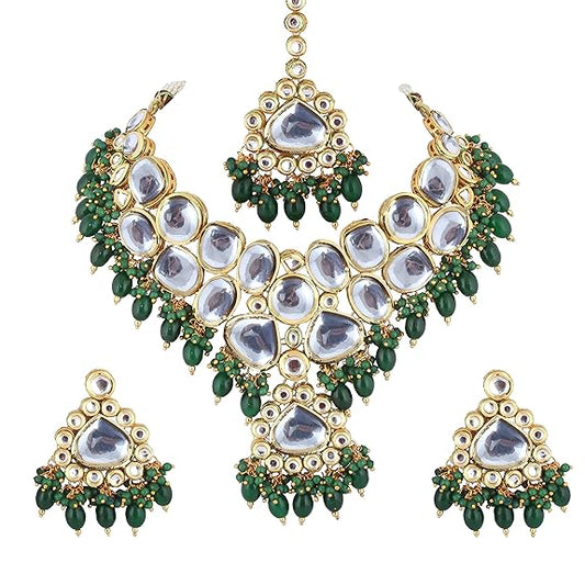 Tehzeeb Creations Gold-Polished Back Meenakari Pearl Uncut, Kundan Choker Necklace Set with Earrings and Mang Tika For Women & Girls | Swadesiicart
